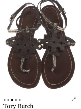 Tory Burch Brown Leather Logo Thong Sandals with Snake-Print Straps